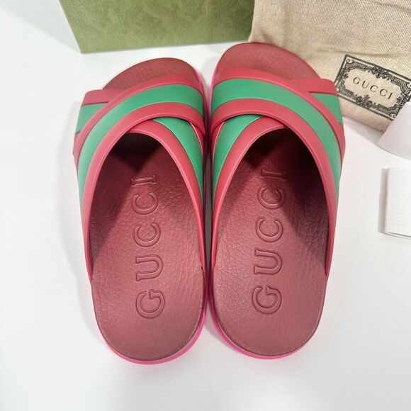 NIB Gucci Agrado Rubber Sandals EU 36 US 6 Web Slide Slip On Coral Crisscross - Picture 7 of 9